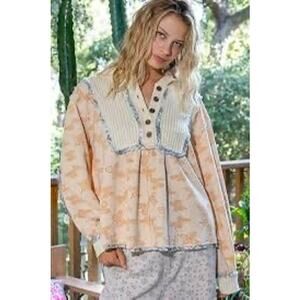 POL Balloon Sleeve Plaid Hooded Print Top